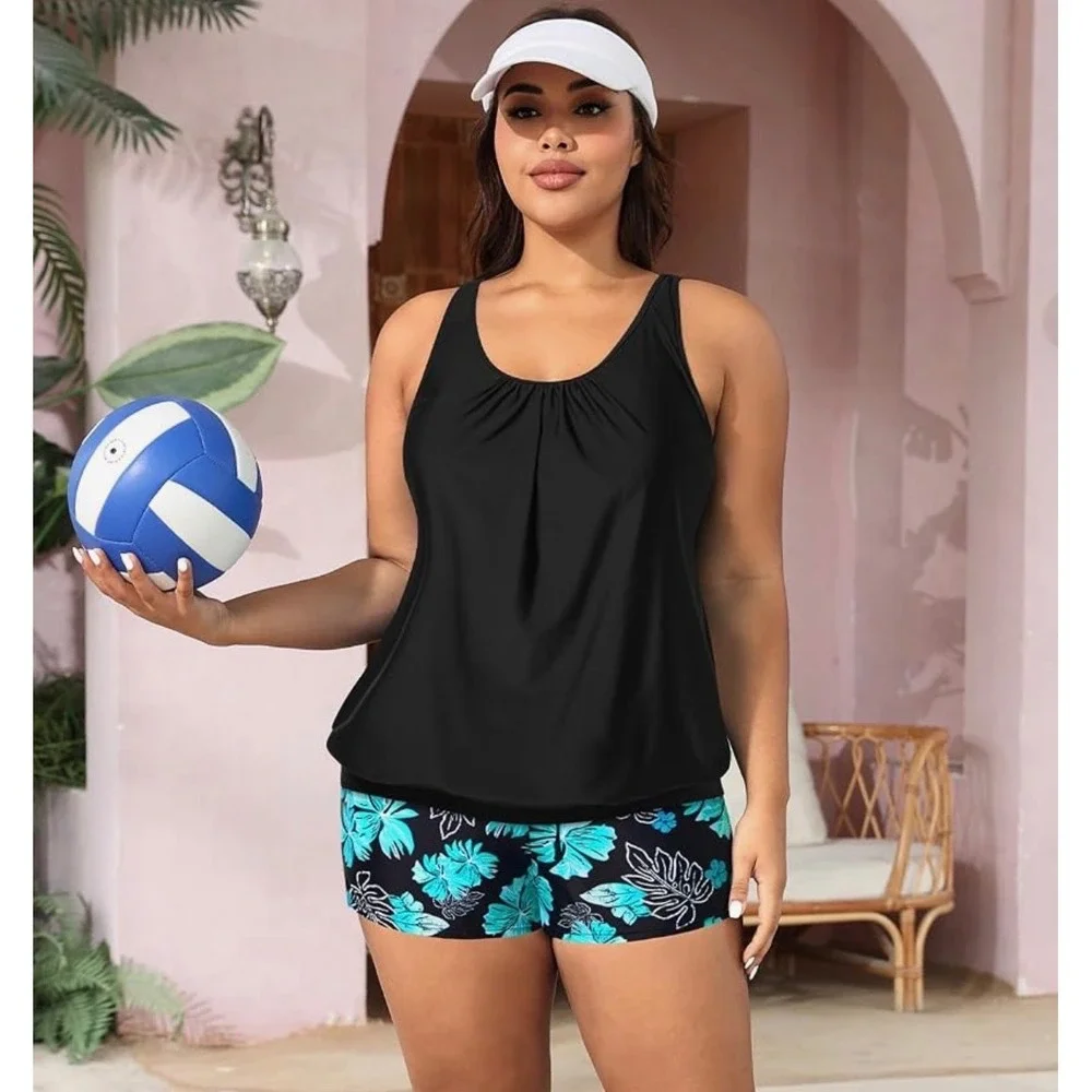 Aqua Eve Womens Two Piece Tankini Swimsuit Black Teal Floral Boy Shorts XL